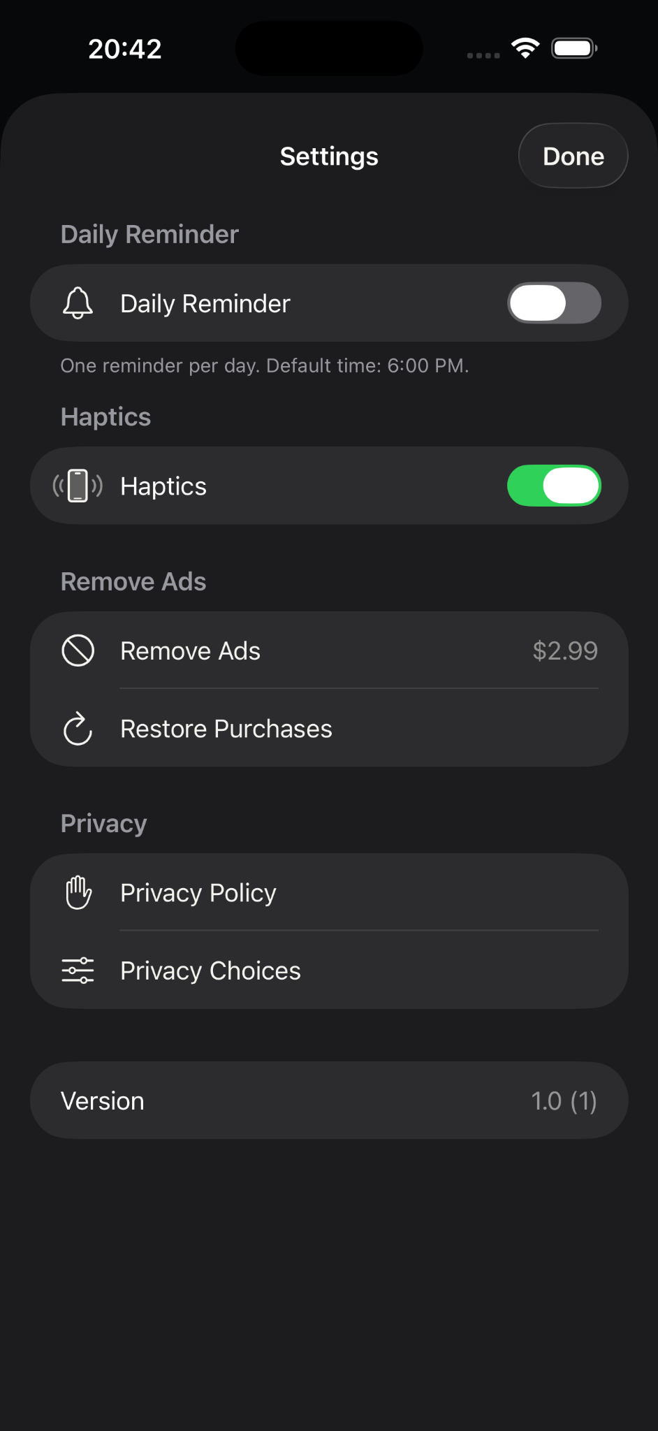 Settings screen
